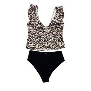 SHEIN Leopard Print Ruffle Tankini Swim Top High Waisted Bikini Bottom Set L